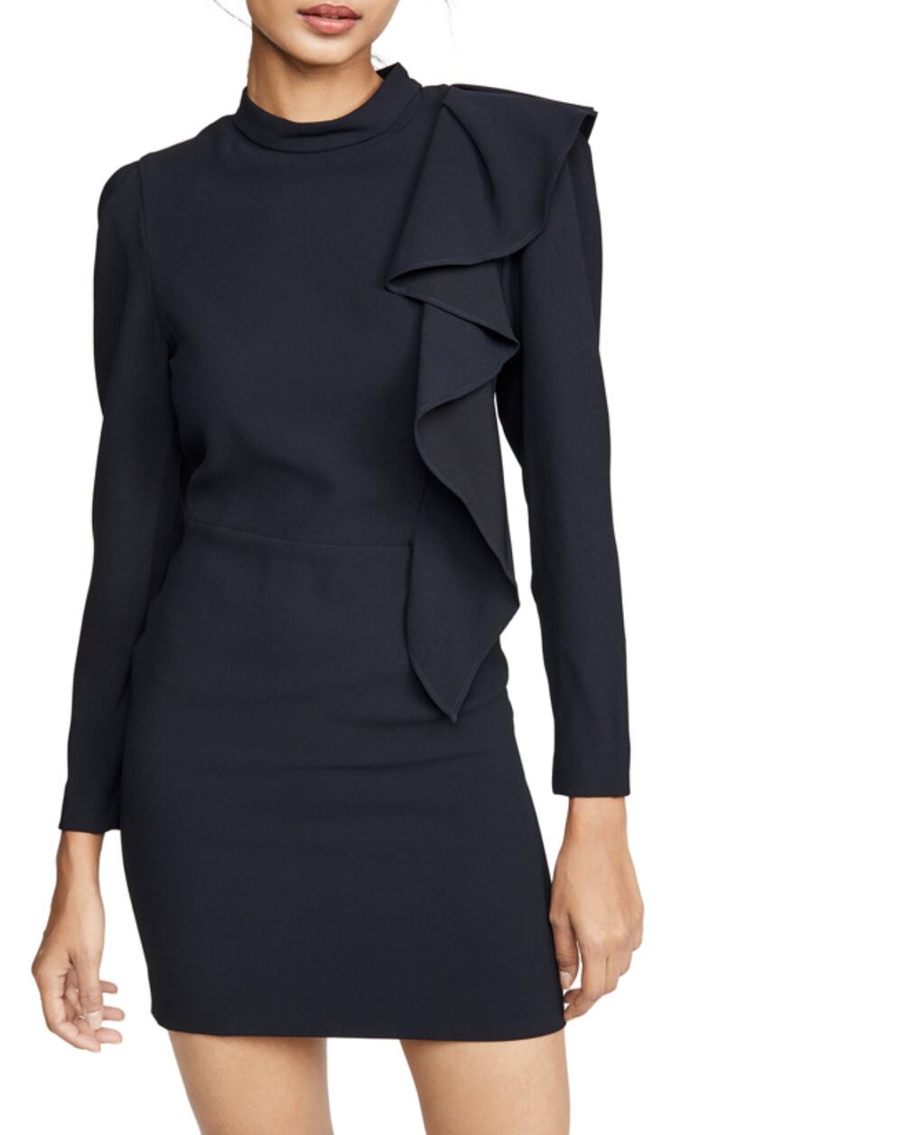 IRO Paris Deteo Black Asymmetric Ruffle Long Sleeve Mini Dress US 4